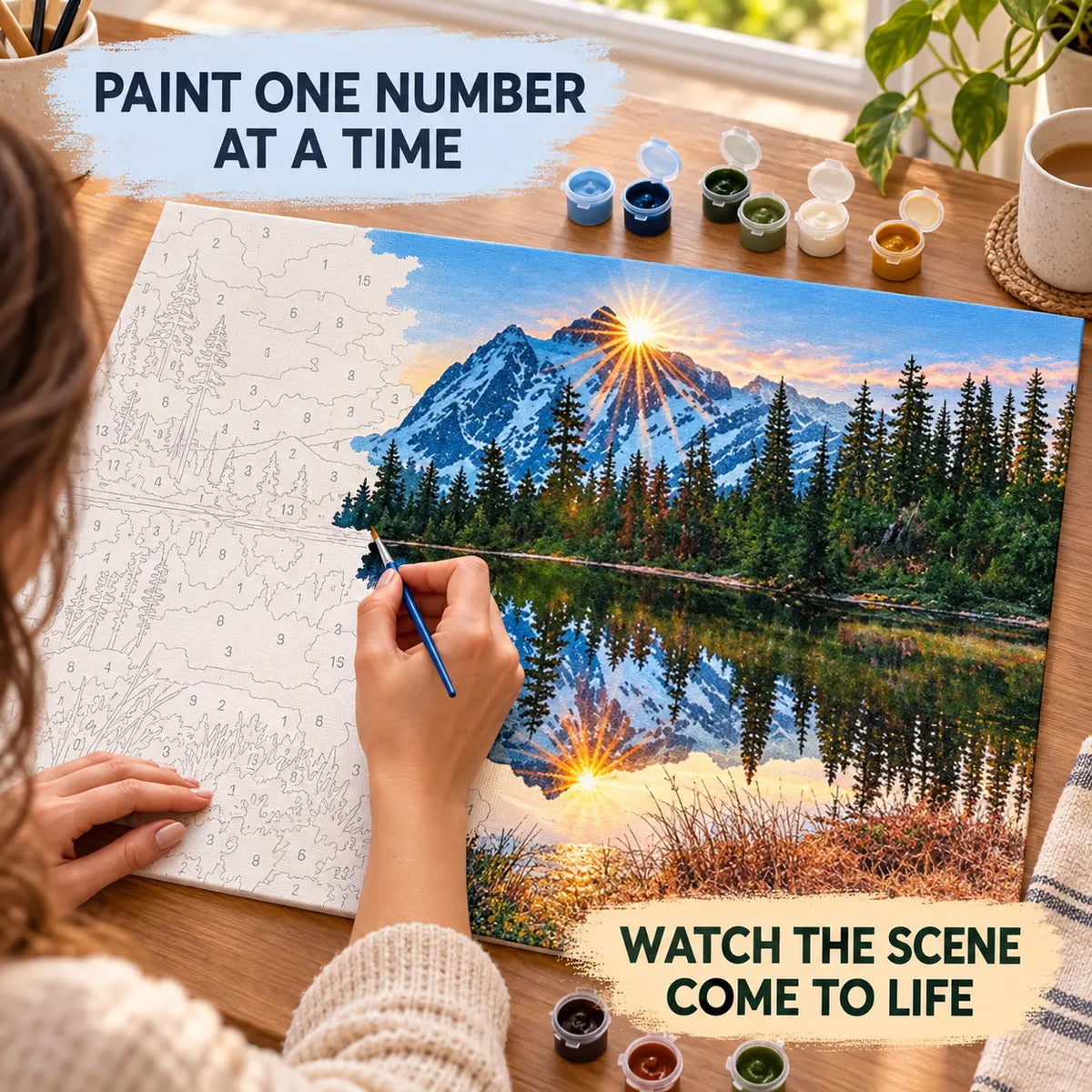 Mountain Lake Reflection paint by numbers canvas in progress