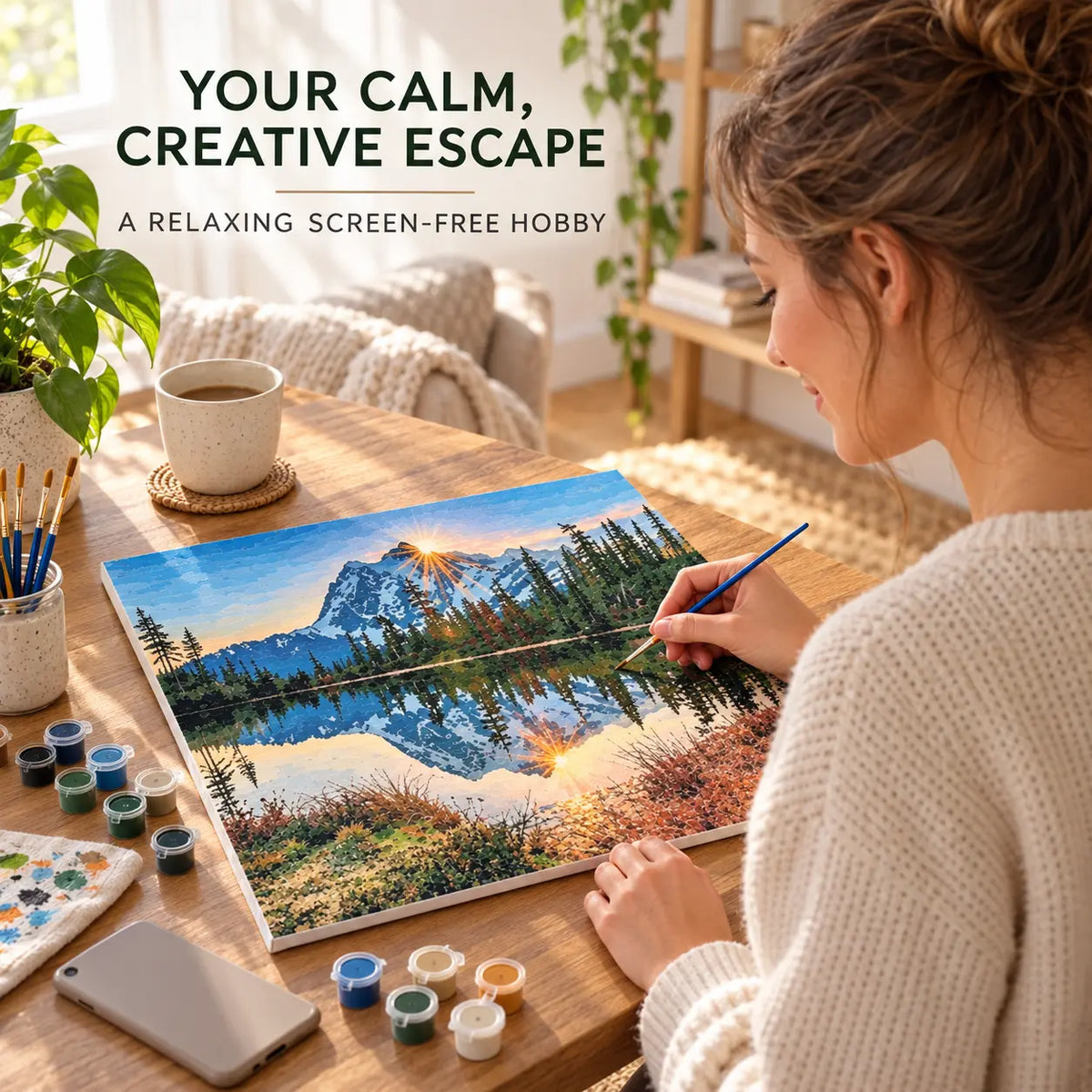 Woman painting Mountain Lake Reflection as a calming screen-free hobby