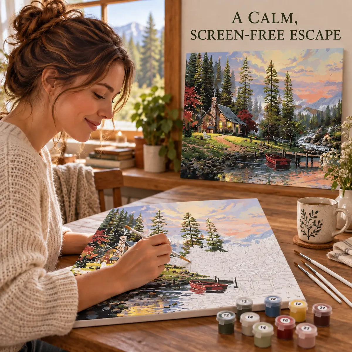 Mountain Lodge numbered canvas with brushes and acrylic paints