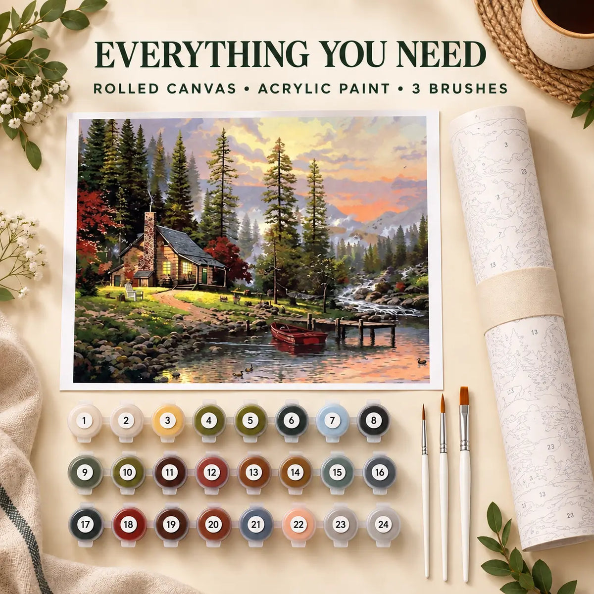 Mountain Lodge 40 x 50 cm kit with double acrylic paint and three brushes