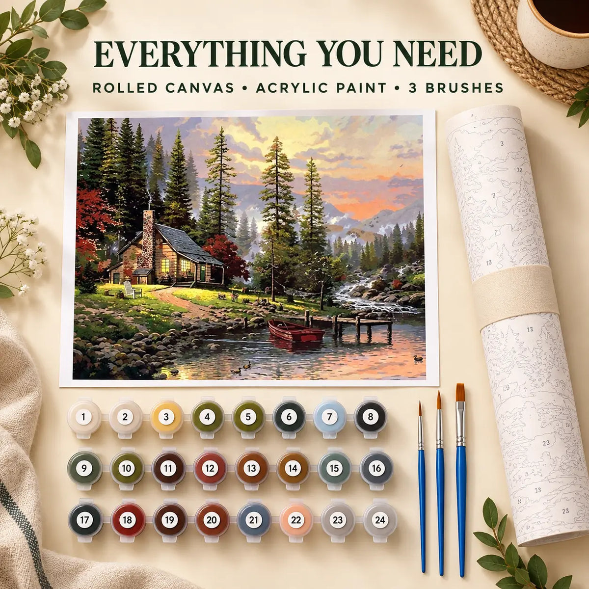 Mountain Lodge paint by numbers kit contents with paints and brushes
