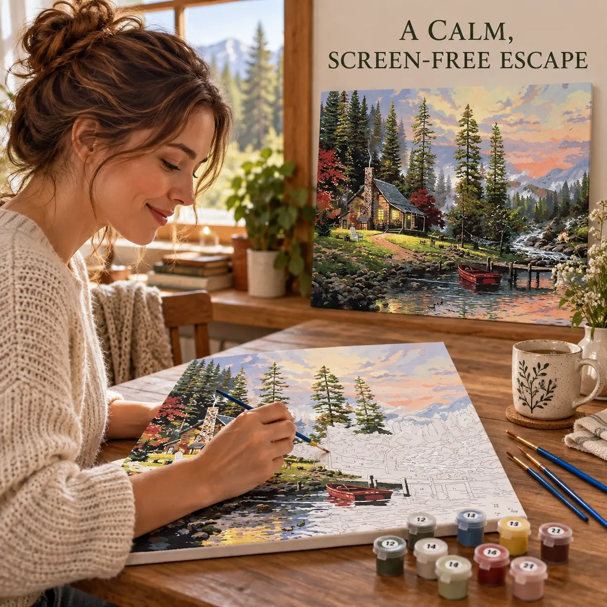 Woman painting Mountain Lodge as a calming screen-free hobby