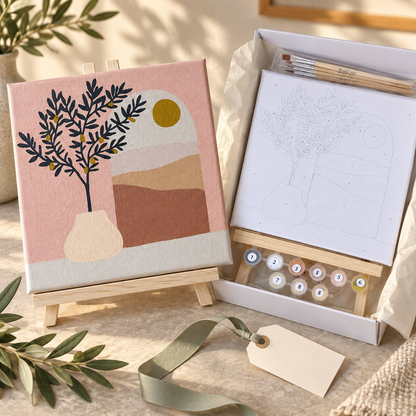 Olive Tree framed mini canvas paint by numbers gift set for adults, complete with acrylic paints, brushes and tabletop easel