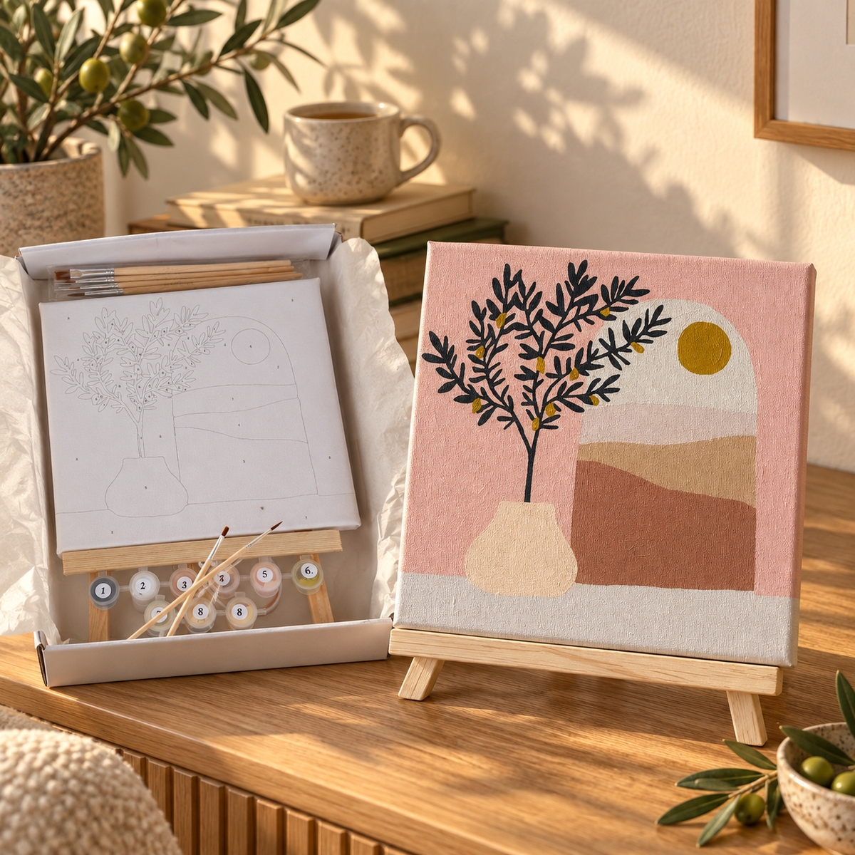 Finished Olive Tree 20 x 20 cm paint by numbers artwork displayed on its wooden tabletop easel in a cosy home