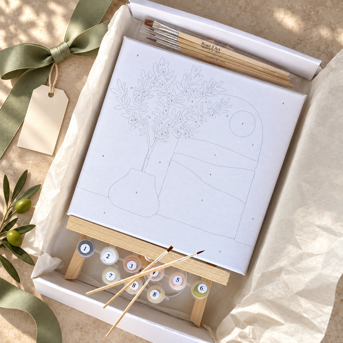 Olive Tree 20 x 20 cm mini paint by numbers kit presented as a creative gift with framed canvas, paints, brushes and wooden easel