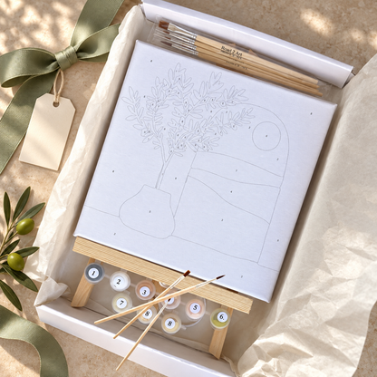 Olive Tree 20 x 20 cm mini paint by numbers kit presented as a creative gift with framed canvas, paints, brushes and wooden easel