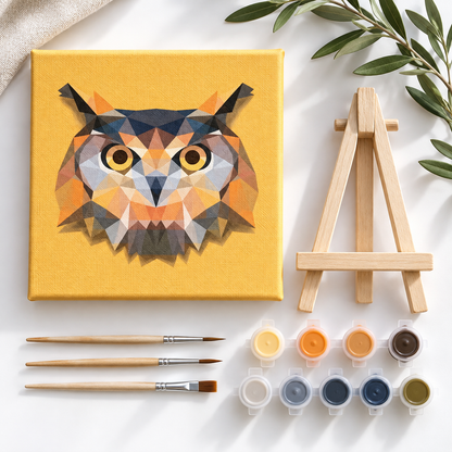 Owl paint by numbers kit contents with 20 x 20 cm pre-stretched canvas, tabletop easel, numbered paints and wooden brushes