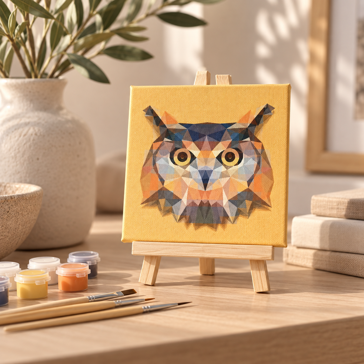 Colourful owl paint by numbers kit displayed on a small wooden easel in a warm modern interior