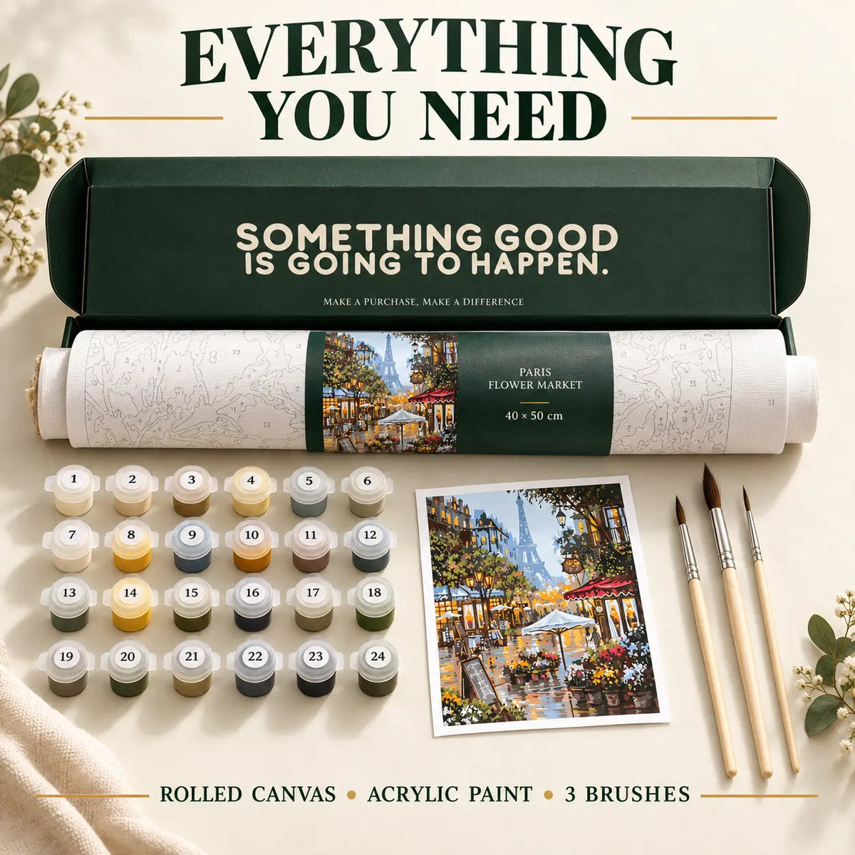 Paris Flower Market complete rolled canvas kit with double paint and brushes