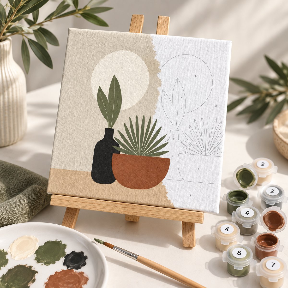 Plant paint by numbers kit in progress on a 20 x 20 cm canvas with numbered acrylic paints and wooden brush