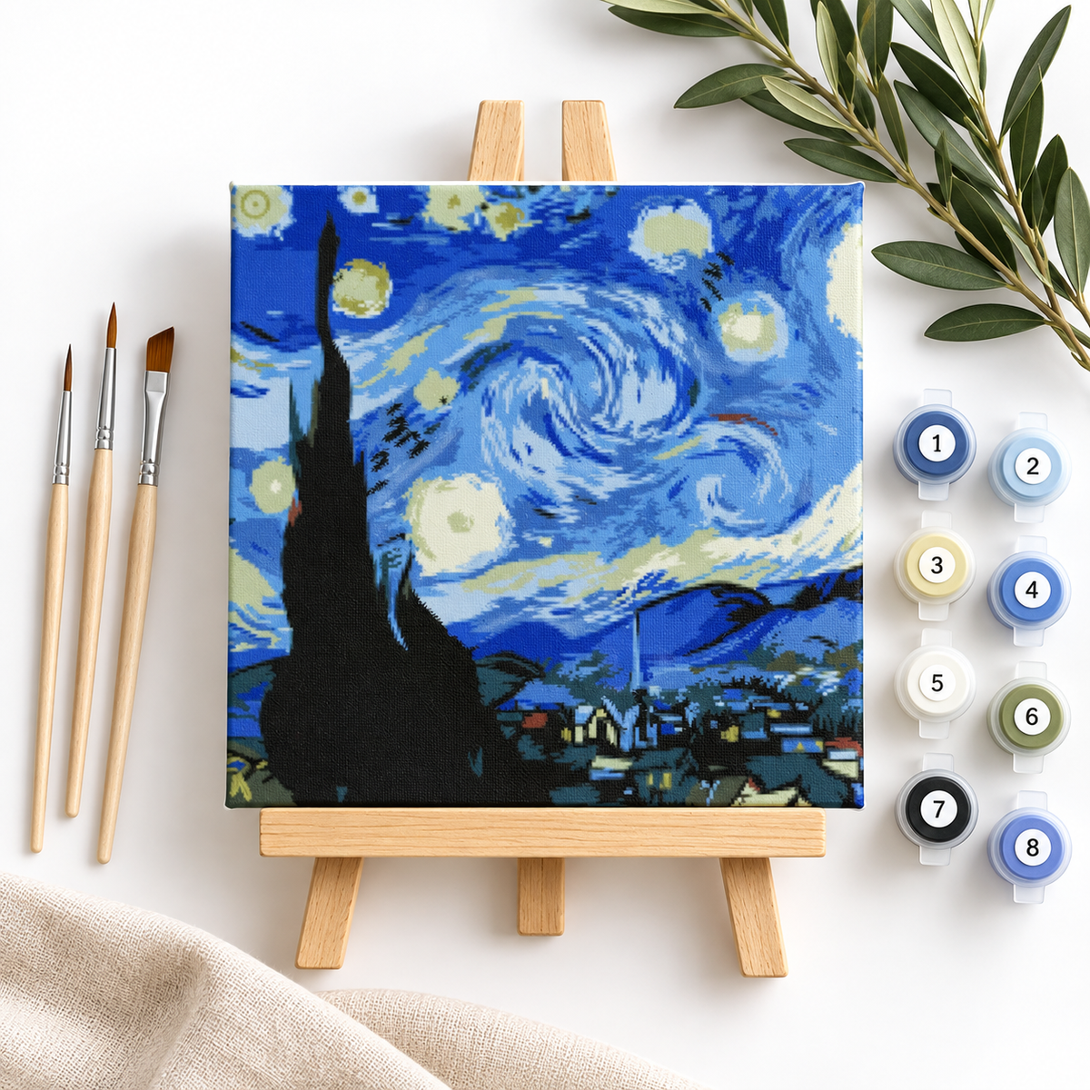 Starry Night mini paint by numbers kit with canvas, numbered paints, wooden brushes and tabletop easel