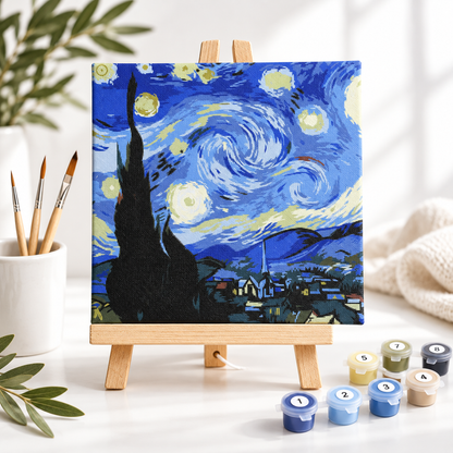 Starry Night paint by numbers kit for adults with 20 x 20 cm pre-stretched canvas, wooden easel, paints and brushes