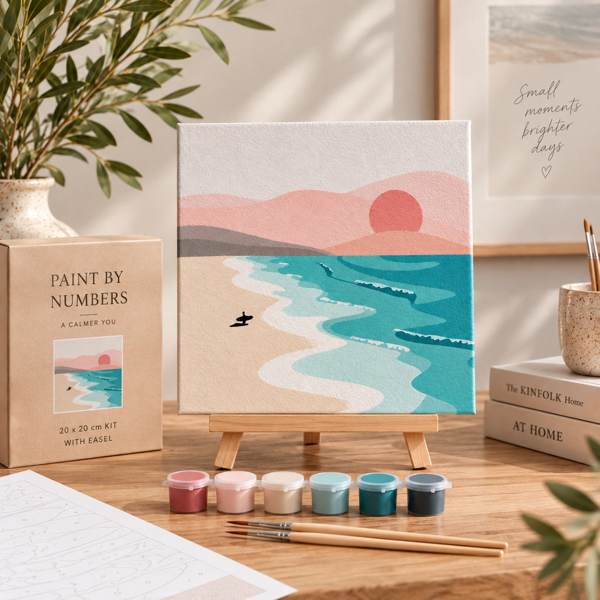 Sunrise paint by numbers complete kit with 20 x 20 cm pre-stretched canvas, tabletop easel, paints and wooden brushes