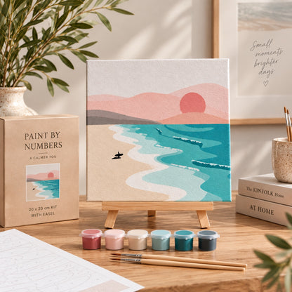Sunrise paint by numbers complete kit with 20 x 20 cm pre-stretched canvas, tabletop easel, paints and wooden brushes