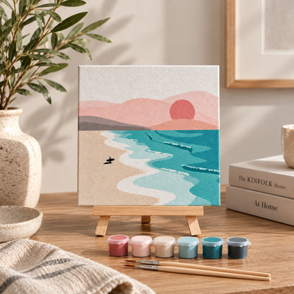 Sunrise paint by numbers kit with finished 20 x 20 cm canvas on easel, acrylic paints and wooden brushes