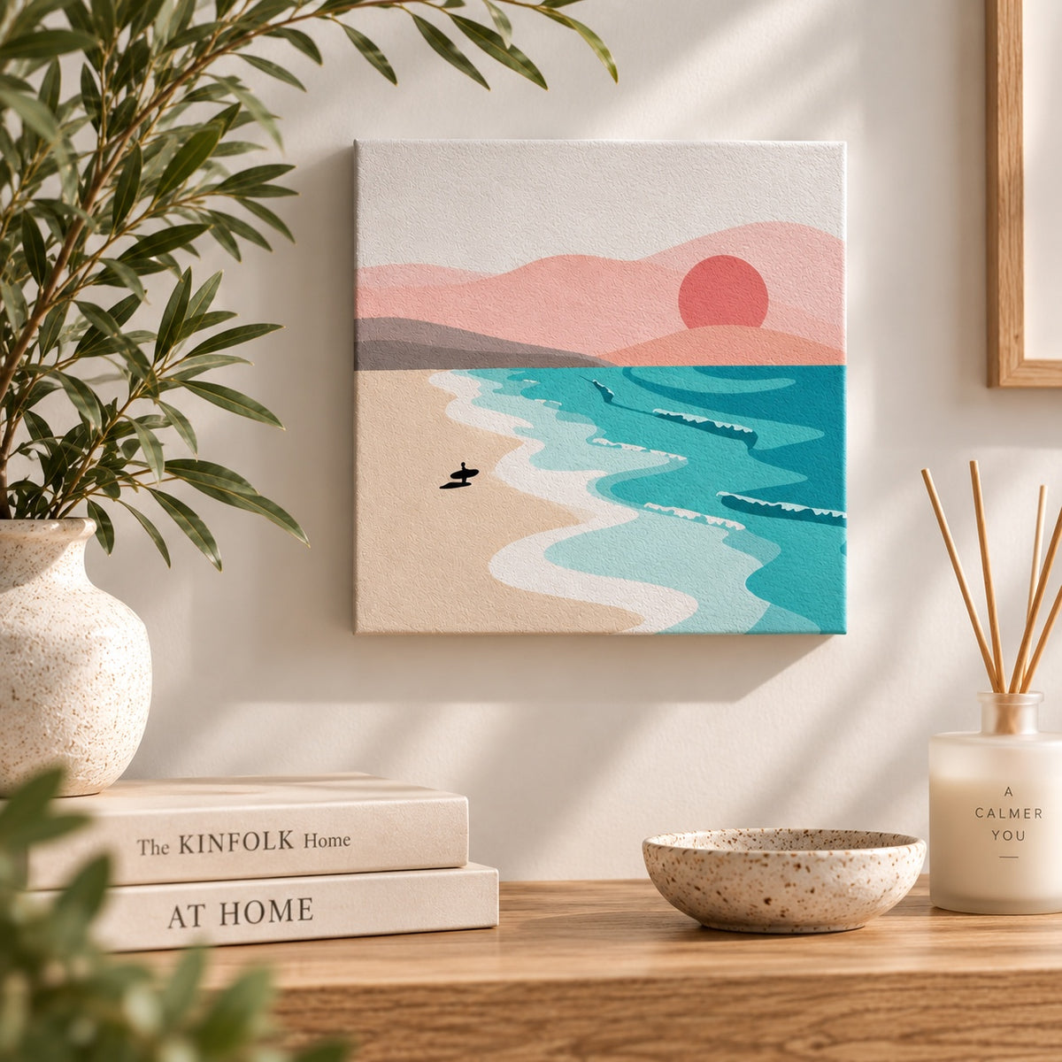 Sunrise paint by numbers finished artwork displayed in a calm modern home interior
