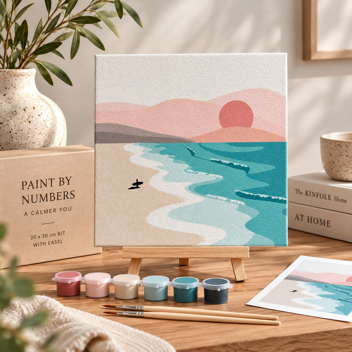 Sunrise paint by numbers kit with canvas, gift box, paint pots, wooden brushes and printed reference sheet