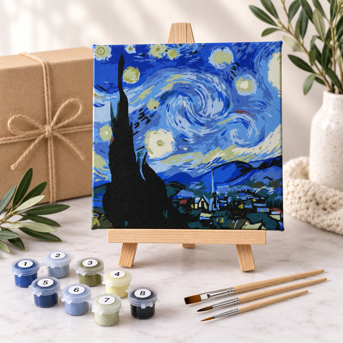 Van Gogh Starry Night paint by numbers complete kit with 20 x 20 cm canvas, easel and numbered paints
