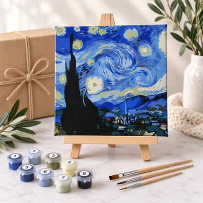 Van Gogh Starry Night paint by numbers complete kit with 20 x 20 cm canvas, easel and numbered paints