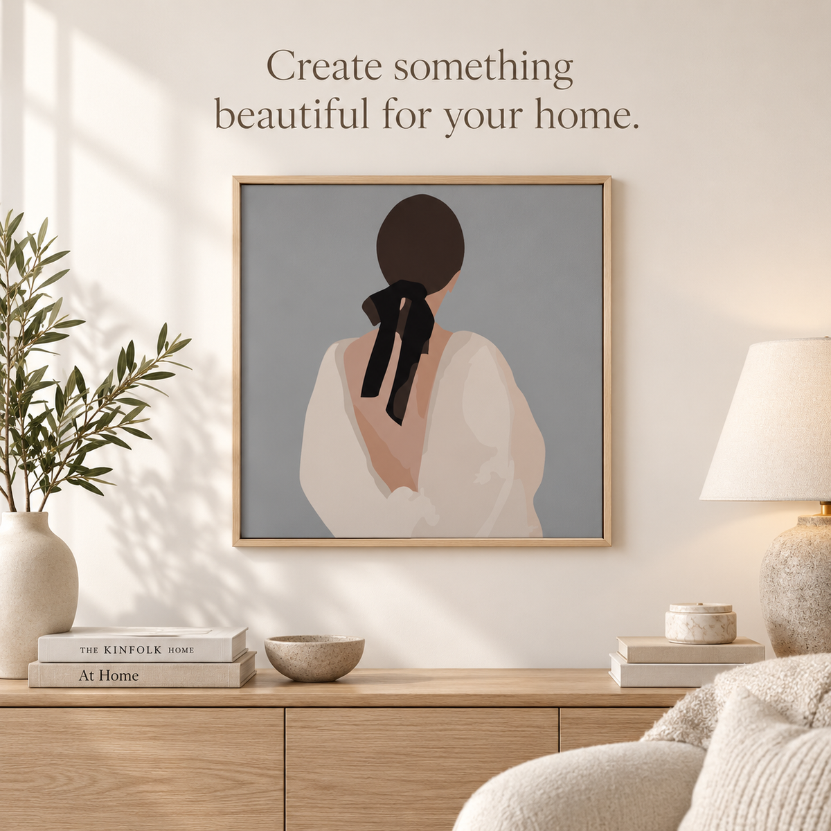 Finished Woman with Black Bow square artwork displayed in a Scandinavian interior