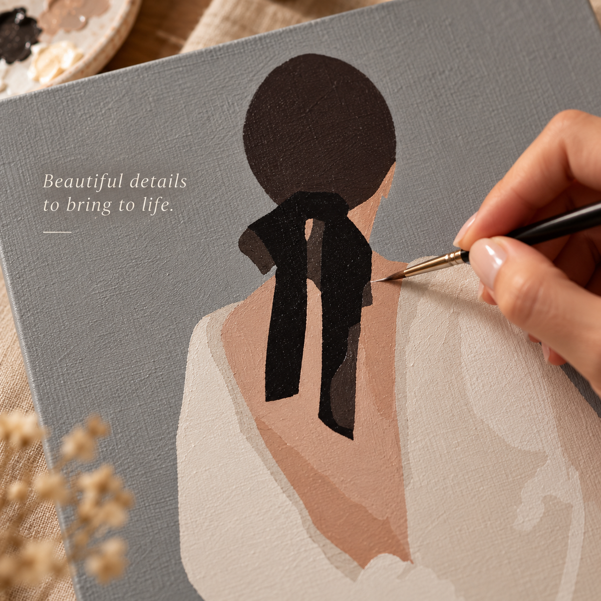 Close-up of Woman with Black Bow paint by numbers canvas being painted by hand