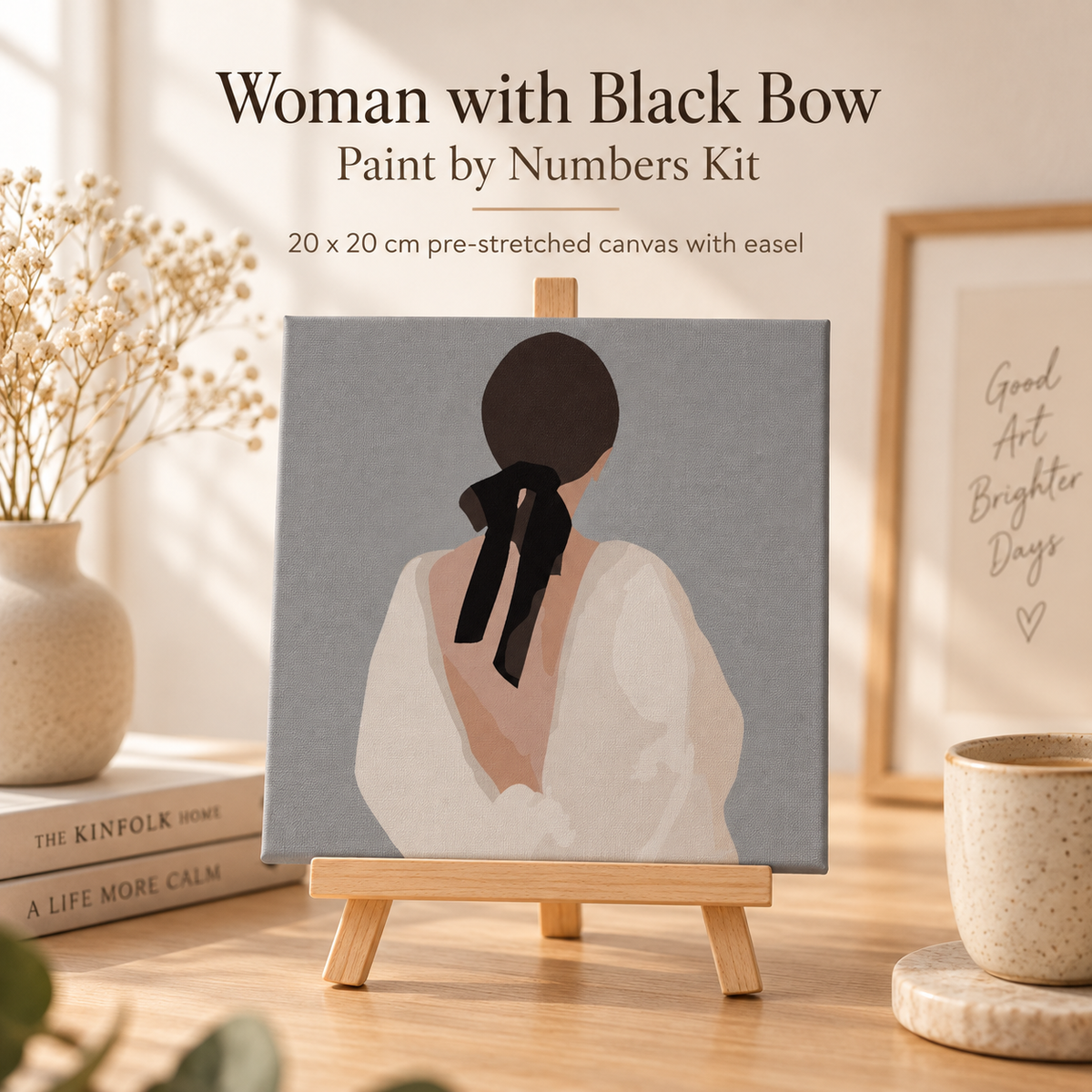 Woman with Black Bow paint by numbers kit with square 20x20cm pre-stretched canvas and easel