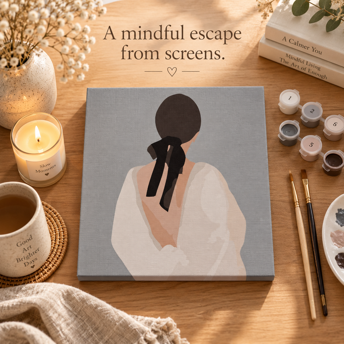 Woman with Black Bow paint by numbers kit as a mindful screen-free activity