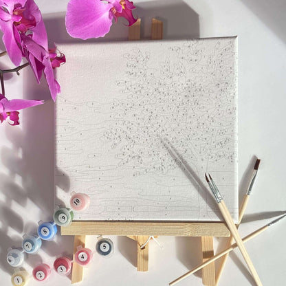 Cherry blossom tree paint by numbers artwork with lake and bench