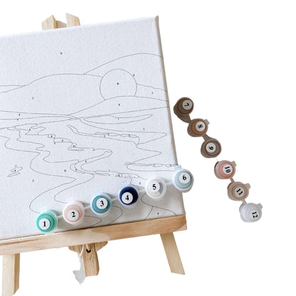 Sunrise mini paint by numbers kit with numbered paints, wooden brushes and framed 20 x 20 cm canvas